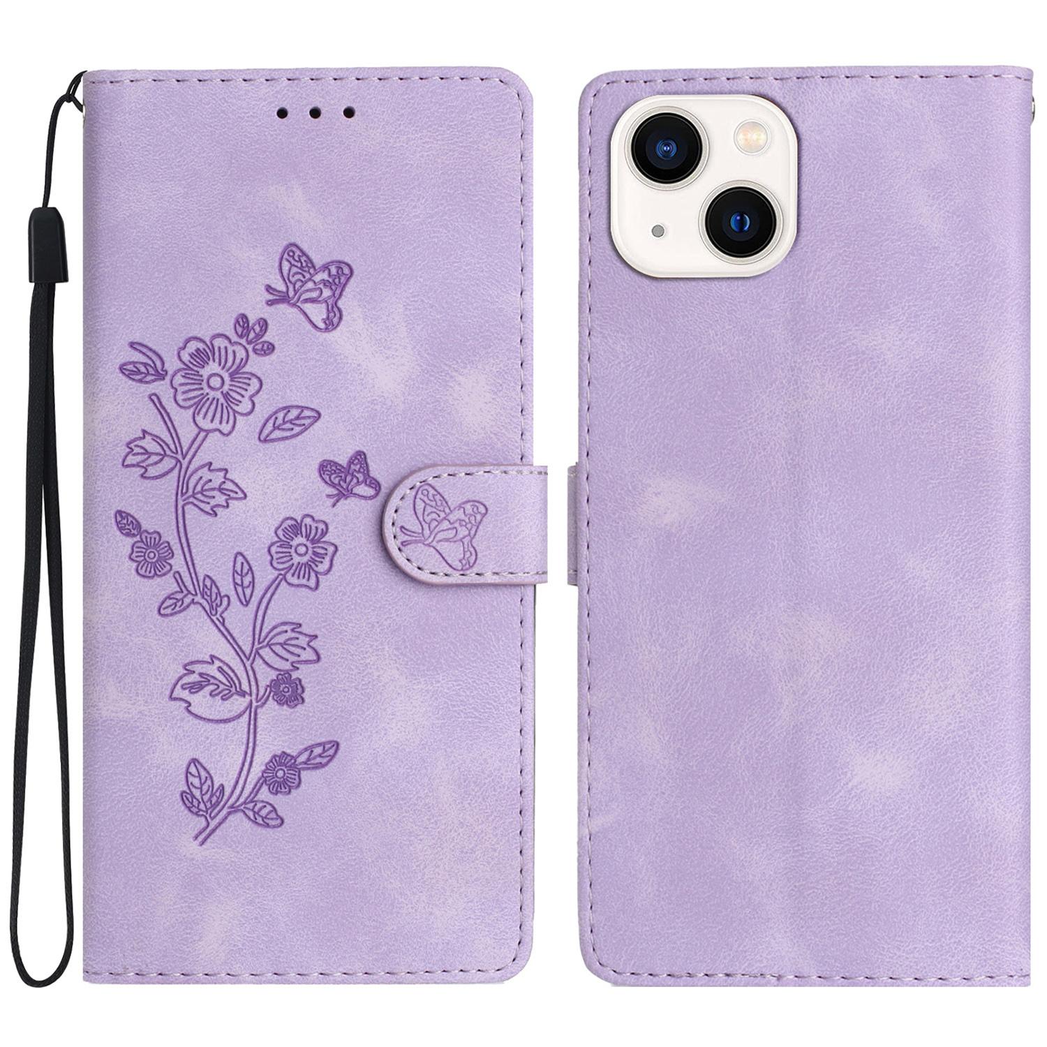 

Flower Imprint Wallet Case for iPhone 14,PU Leather+TPU Stand Phone Cover Purple