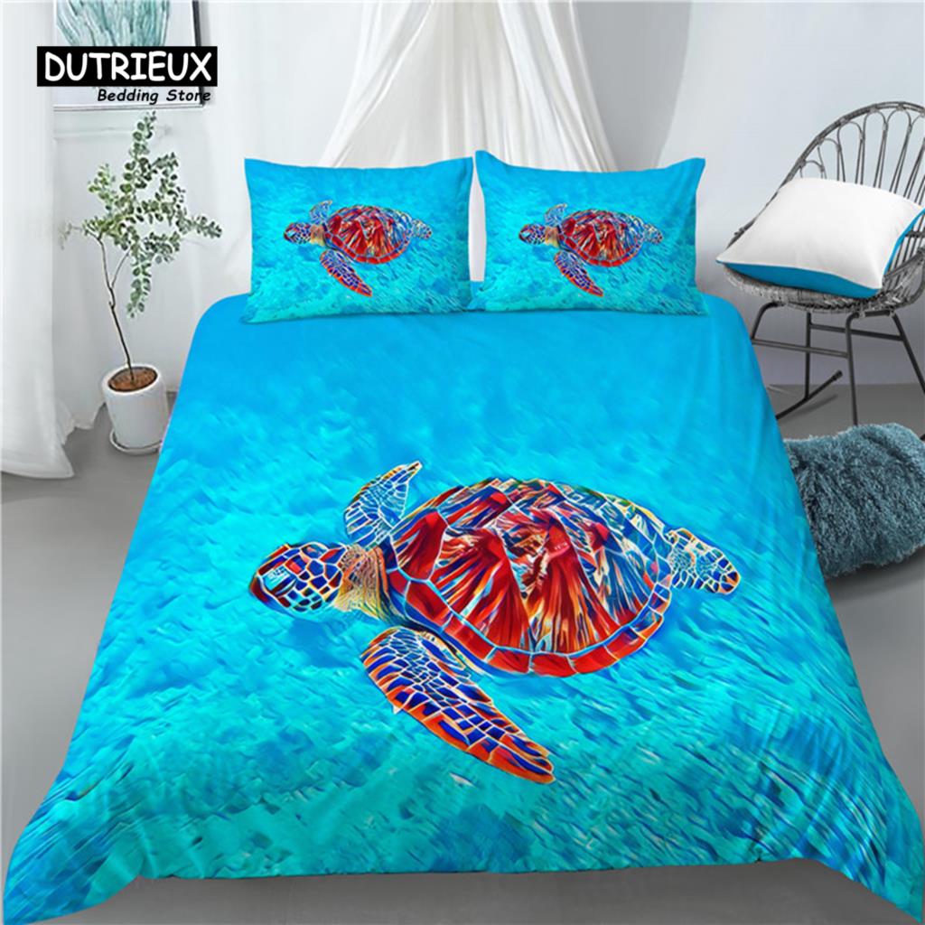 Home Living Luxury 3D Sea Turtle Print 2/3Pcs Comfortable Duvet Cover PillowCase Bedding Sets EU/US/AU Queen and King Size