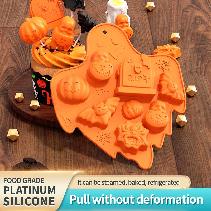 Mixed Halloween Theme Silicone Mold Ghost Tray with Spider Pumpkin Bat Skull Pattern Baking Tools for Chocolate Jelly Decoration