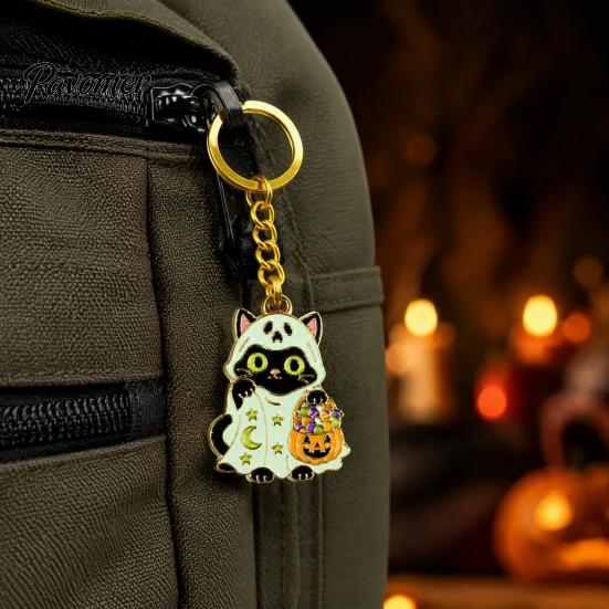 Cat Hanging Ornament Halloween Cartoon Black Keychain, Glow-in-the-Dark Ghost Costume Keychain Keyring, Enamel Kitten Backpacks Decorative Accessory,