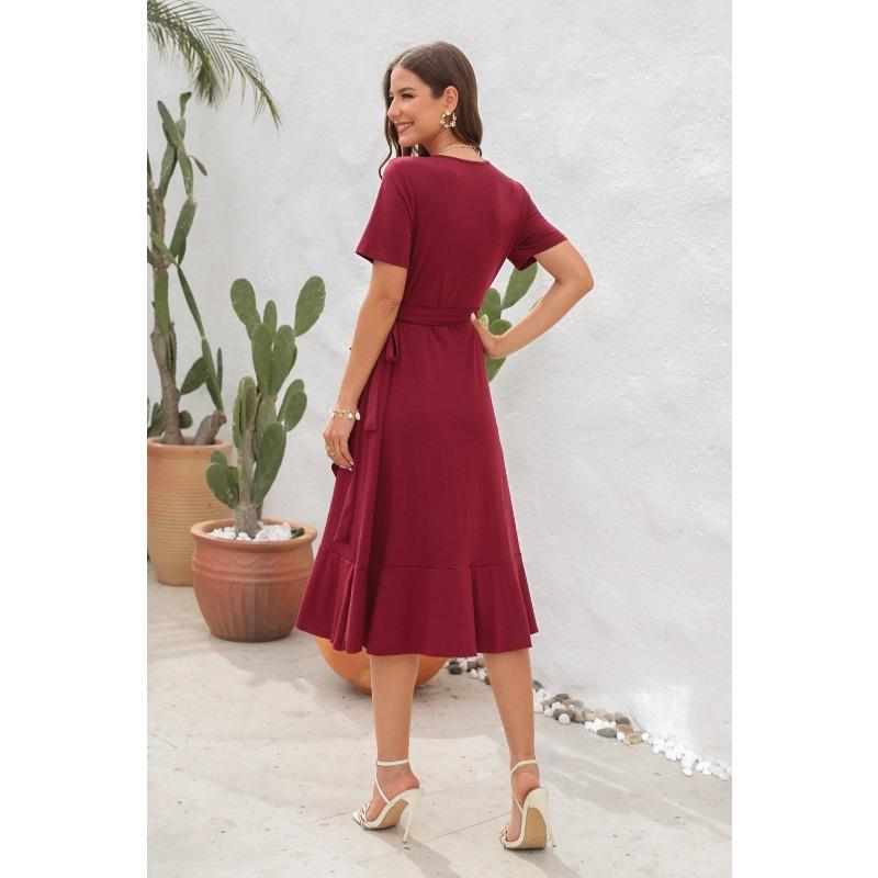 Rochie de vară pentru femei de dimensiuni plus mari, cu decolteu în V, cu talie înaltă, rochie cu cravată, culoare uni, rochie lungă cu mâneci scurte, rochii de călătorie de vacanță