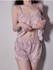 Sexy Ice Silk Pajamas Lace Women Vintage Suspenders Two Piece Shorts Suits Female Sweet Printed Home Clothes Nightwear