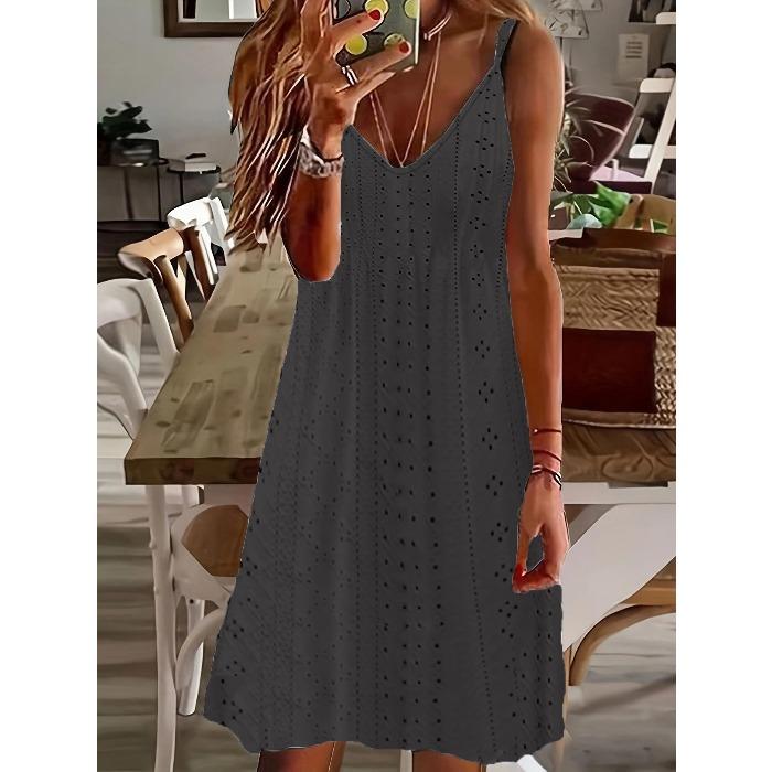 European and American women's clothing summer new hollow jacquard V-neck suspender solid color dress