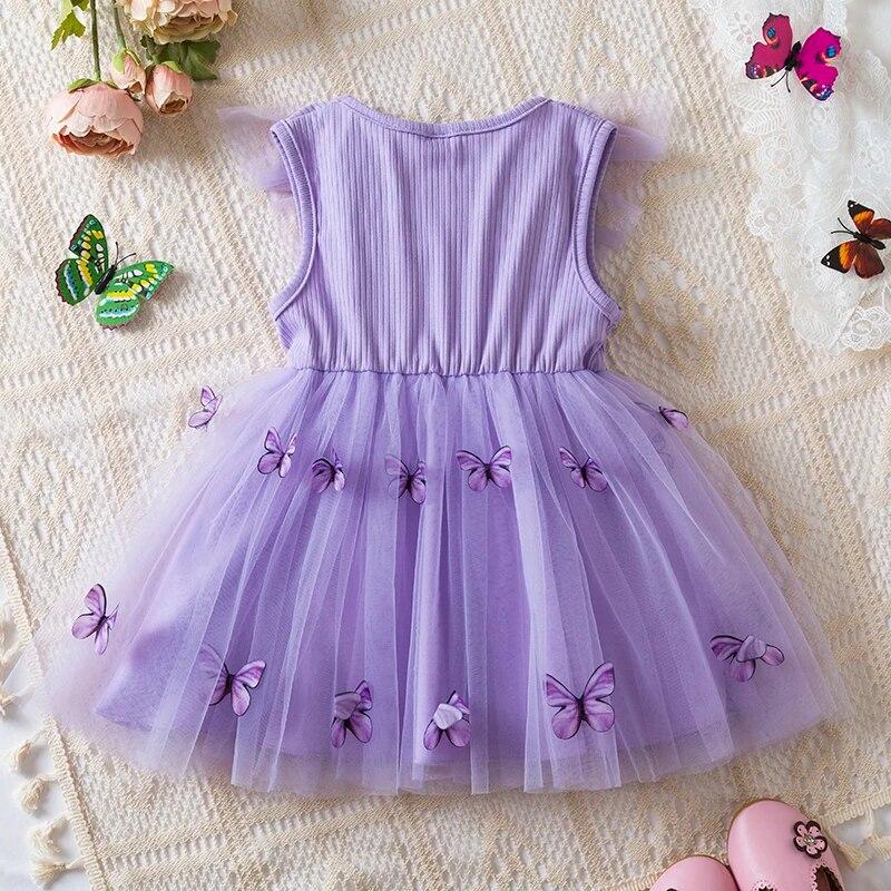Summer Dress Butterfly Mesh Flying Sleeve Dress Girls Fashion Dresses Toddler Girls Casual Wear Children's Clothes 1-5Y
