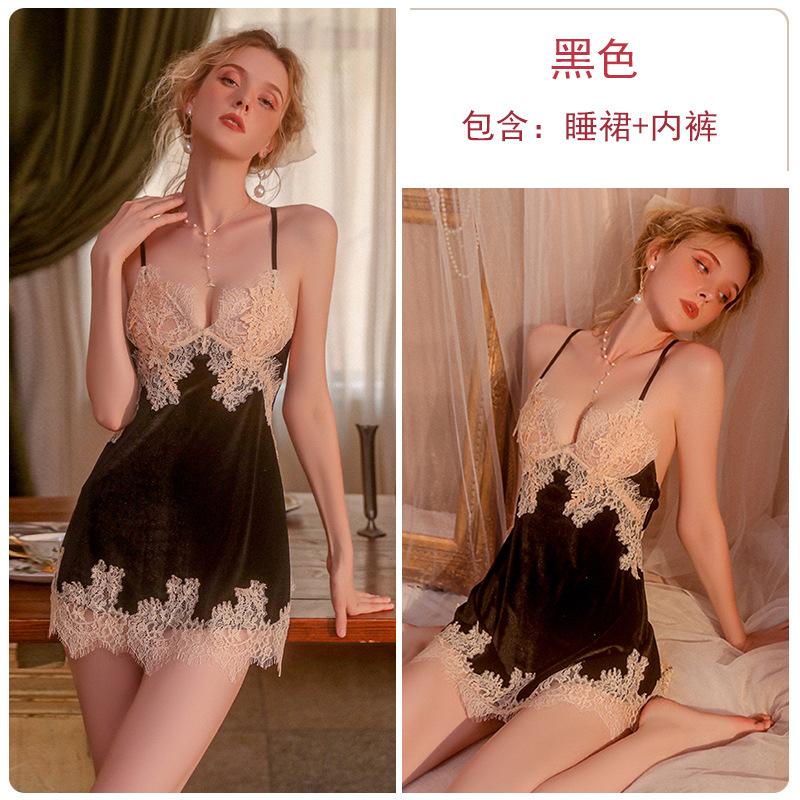Women's Velvet Deep V Push Up Cami Sleep Dress with Robe Lounge Set