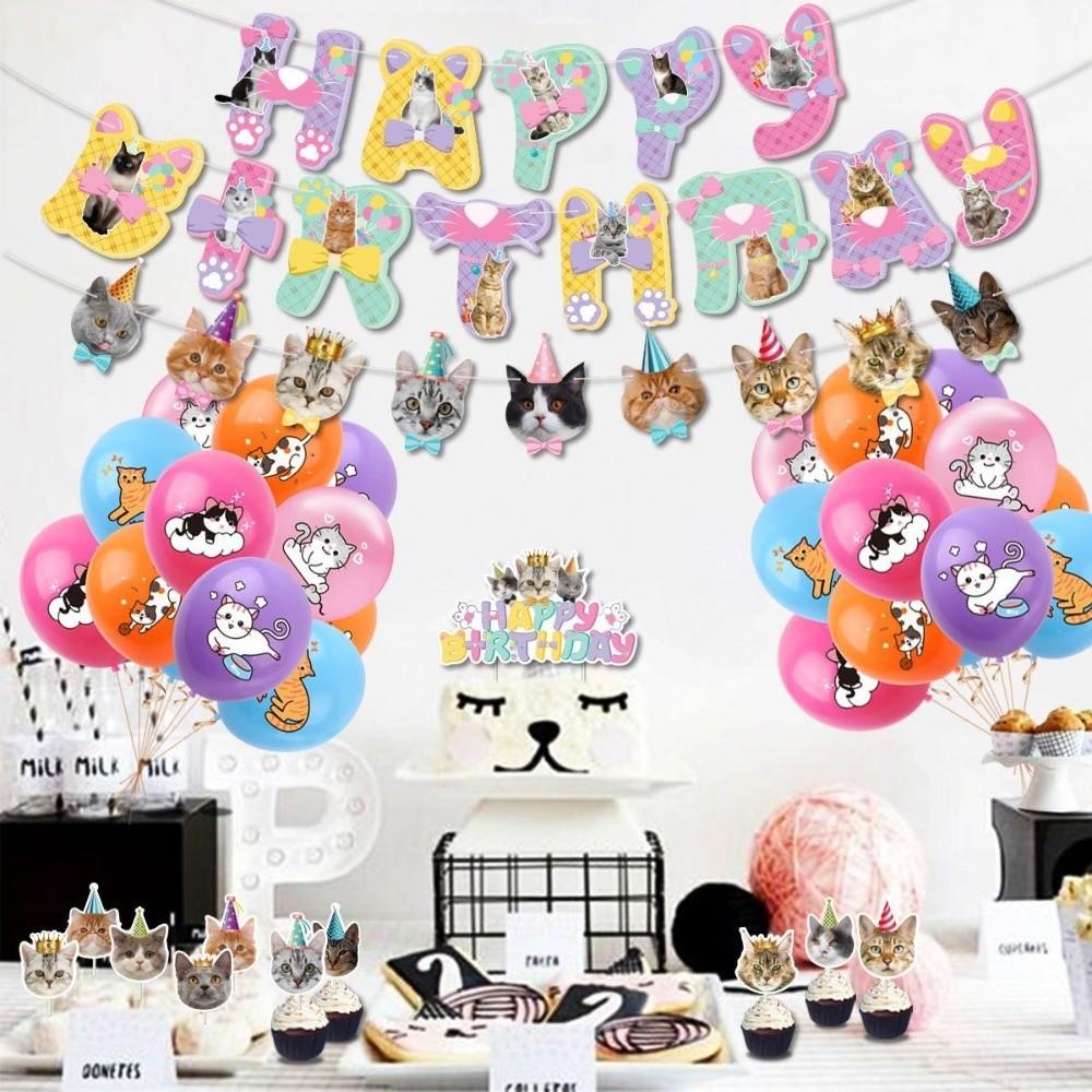 Cute Cat Dogs Banner Bunting Happy Birthday Party Balloons New Party Flag Garland  DIY Craft