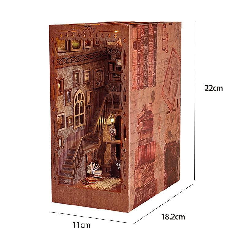Bücherregal-Set Puppenhaus Holz Beleuchtet DIY Buchnische Bausatz 3D Puzzle Zusammenbau Gebäudemodell Buchstützen Geburtstagsgeschenke für Erwachsene