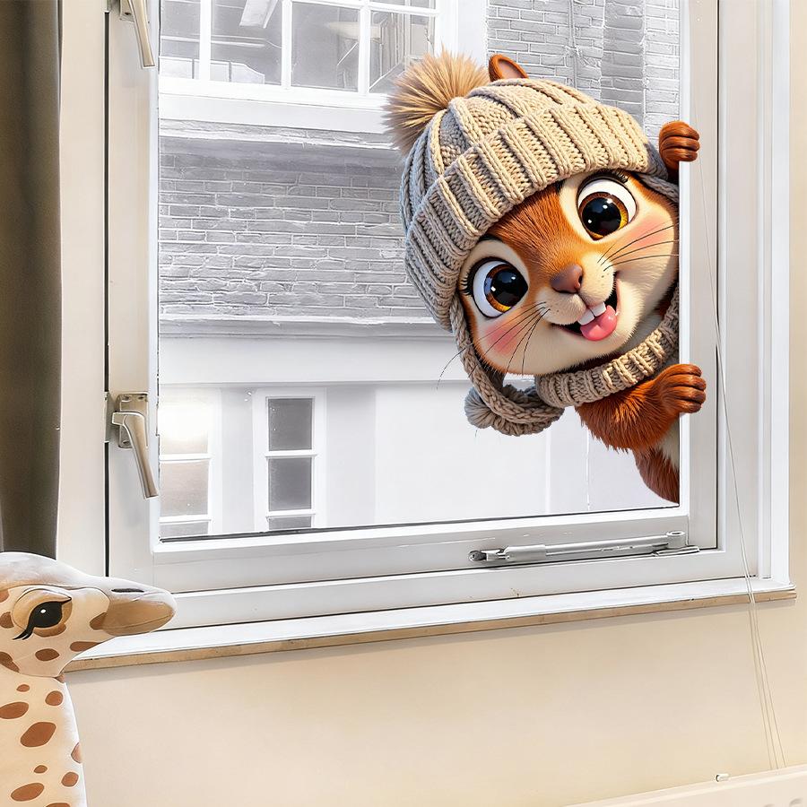 Static Cling Cute Squirrel Peeking Window Sticker for Home Glass Door Decor