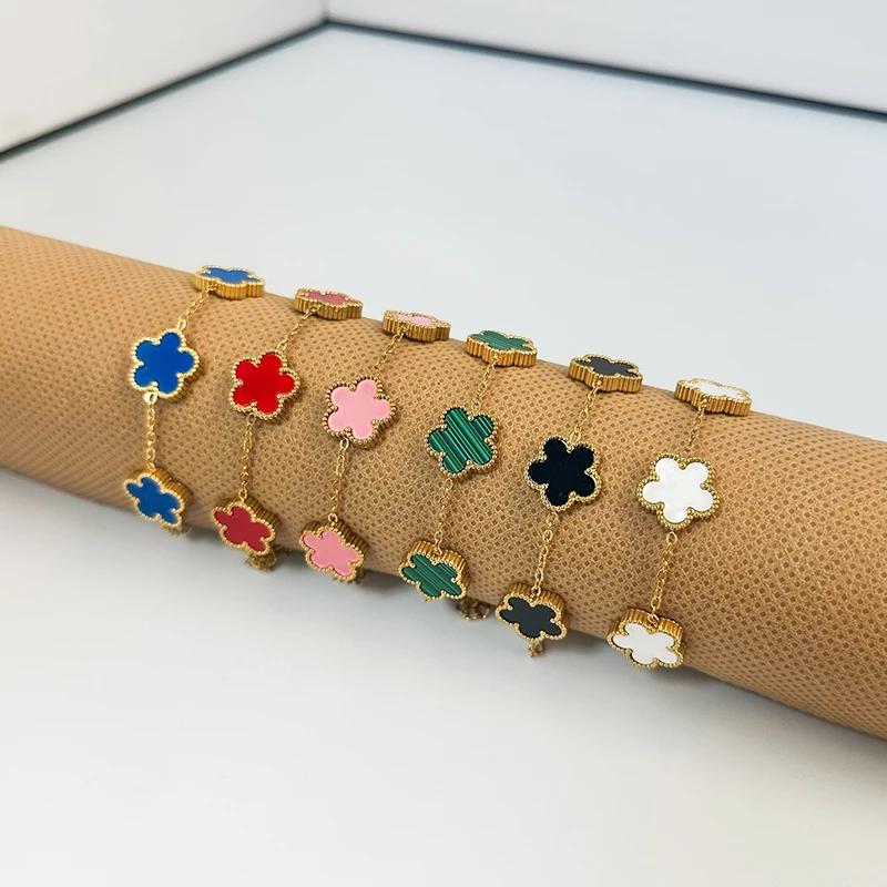Clover Women's Hand Bracelets Flower Mothers Day Double Sided Stainless Steel Bracelet Charm Fashion Zircon Accessories Gifts