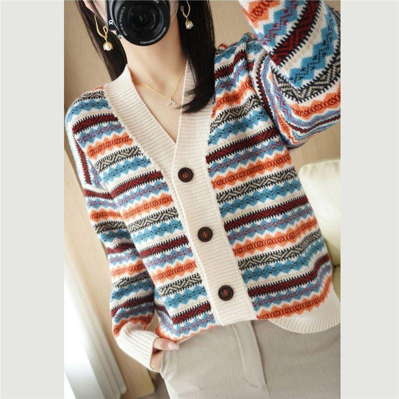 

Полосатый кашемировый кардиган женский с V-образным вырезом, повседневный, толстый, новый, весенний, новый, ретро, жаккардовый, шерстяной свитер, вязаная куртка 2XL