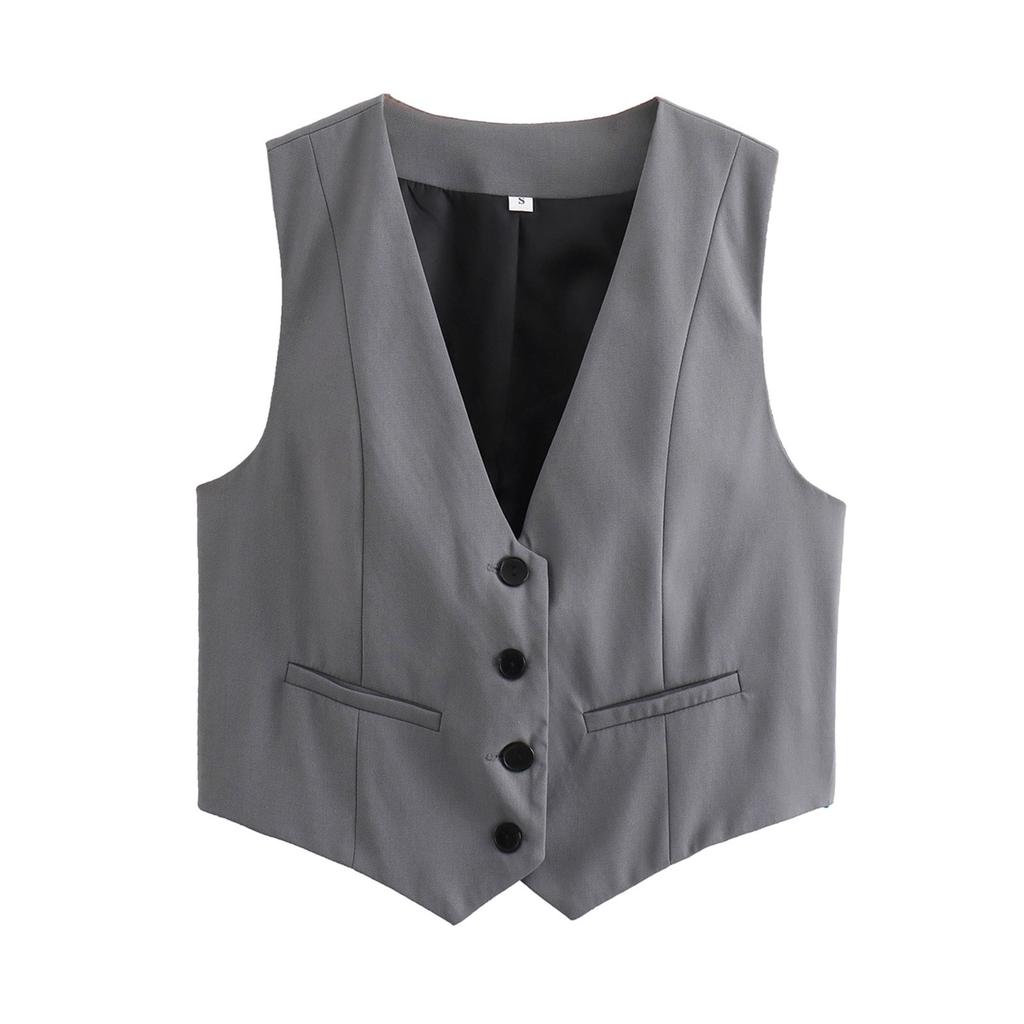 Dames Retro Ensfarget Godterifarge V-hals Kort Dressvest