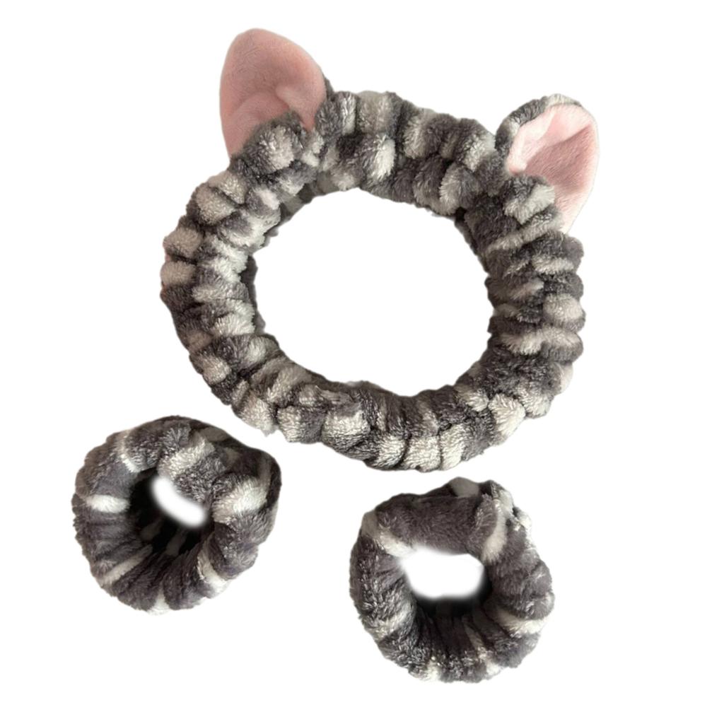 1set Elastic Women Shower Hairband & Wristband Cute Kitten Plush Face Wash Hairband Home Makeup Headband Wristband