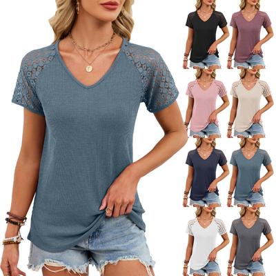 2026 Spring/Summer New Solid Color V-Neck Loose Lace Short-Sleeve T-Shirt for Women