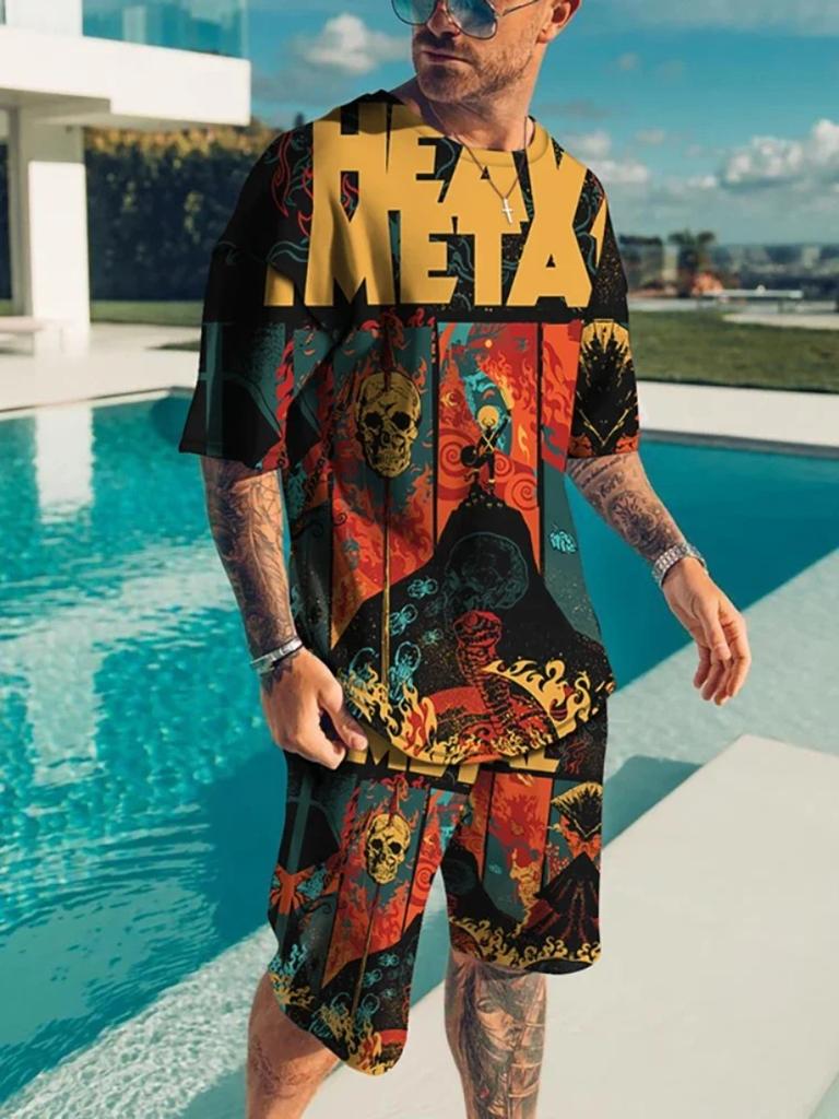 Summer 2 Piece Outfit Male 3D Color Block Print Short Sleeve T-Shirt ShortsSets Outdoor Men's Clothing Tracksuit