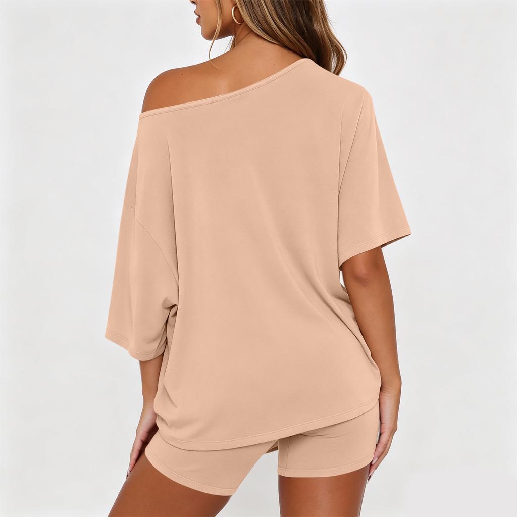 Casual Loose Fit Two Piece Set Women Short Sleeve Off Shoulder Top with Relaxed Shorts Lounge Wear Outfit