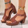 Fashion Vintage Solid Slip On Cover Heel Gladiator Sandals Women 2025 Summer Round Toe High Heels Sandals Classic Beach Shoes Plus Size