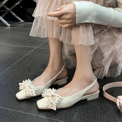 Handmade Bow Rivet Baotou Sandals Women's Summer Patent Leather Back Empty Low Heel Mary Jane Shoes