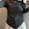 Women's Plus Size Off-the-Shoulder Striped Long-Sleeve Top - Slimming, Belly Concealing, Versatile for Spring & Autumn 2025.
