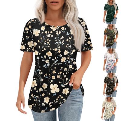 Women's Fashionable Casual Short Sleeve Button Floral Print Round Neck Pullover Top