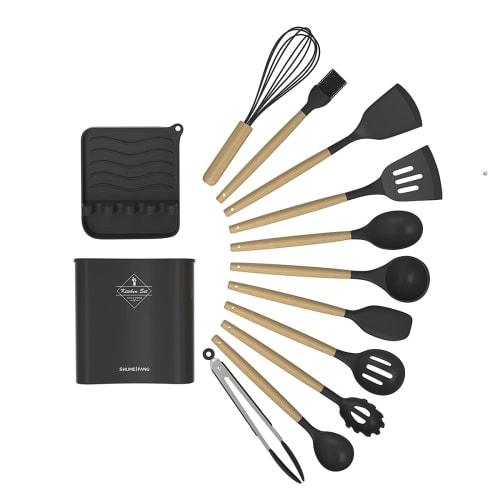 Shumeifang 13-Piece Kitchen Tool Set, Silicone & Stainless Steel, Includes Whisk, Spatula, Ladle, Spoon, Tongs, Spaghetti Server, and Spatula, with St