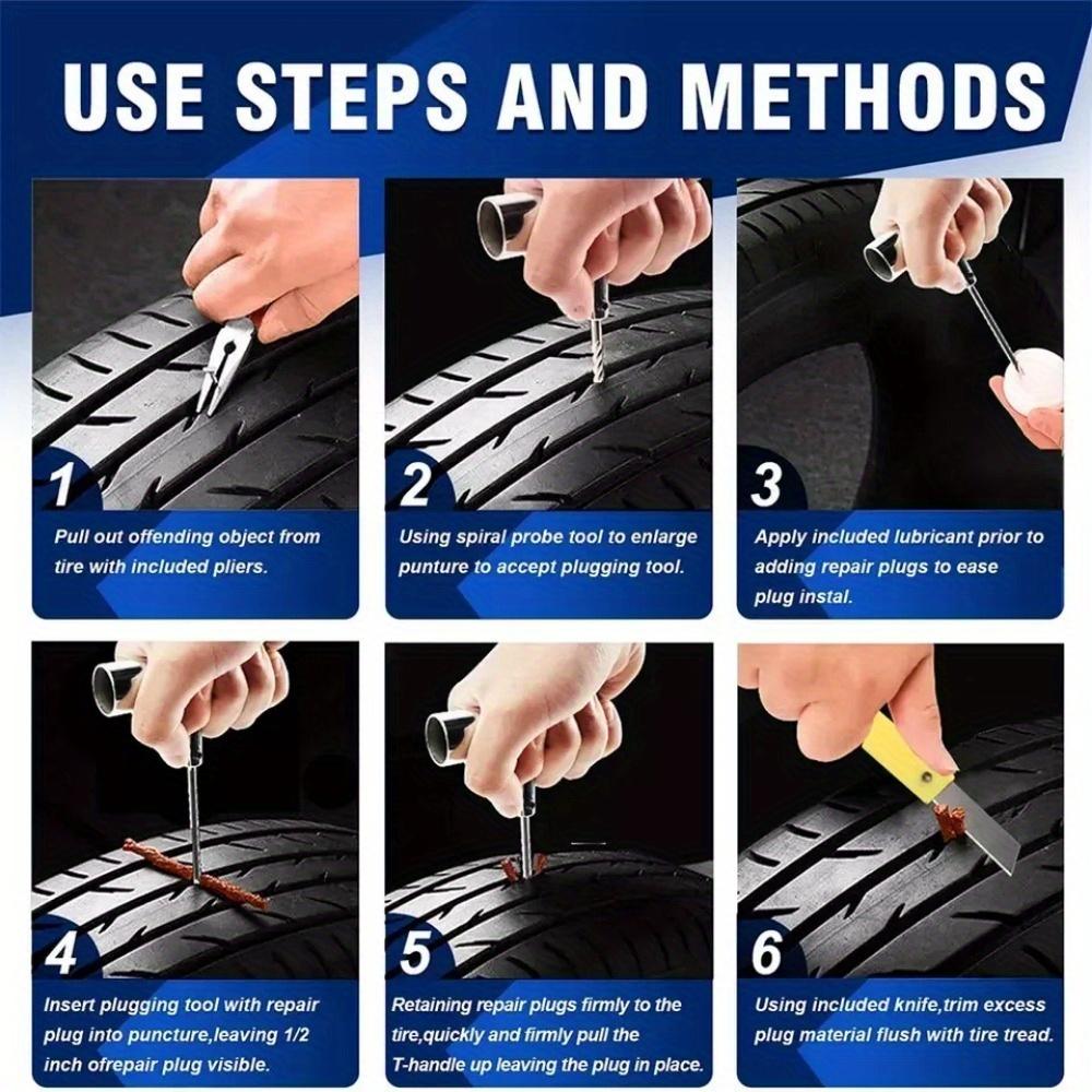 Multipurpose Tire Repair Kit with Rubber Strips Tools Pliers Pressure Gauge for Car, Bike, Motorcycle. Handles Most Tire Damage
