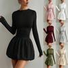 2026 Womens Slim Fit Long Sleeve Midi Dress With Elastic Puff Skirt Round Neck Stretch Milk Silk Fabric