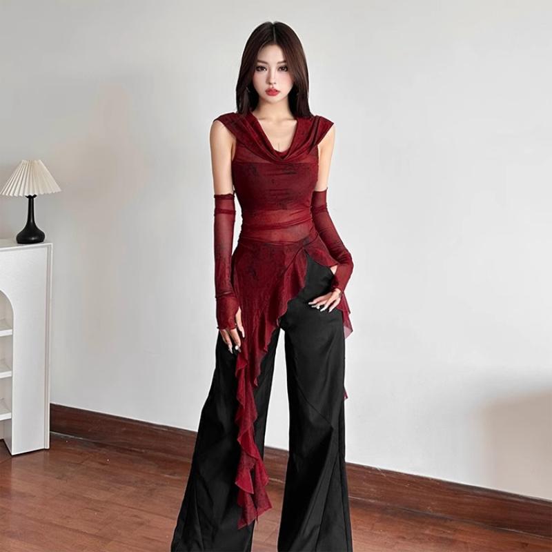 Vintage Gothic Hooded T Shirts Women Through Slim Y2K Tees Streetwear Harajuku with Sleeves Irregular