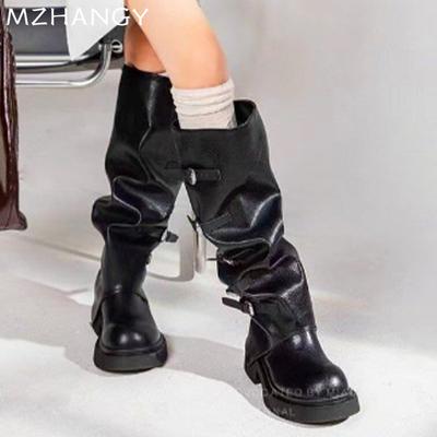 Women Mid Heels Leather High Boots Desigenr Pleated Chunky Shoes Woman 2024 Trend New Motorcycle Boots Winter Mujer Snow Botas