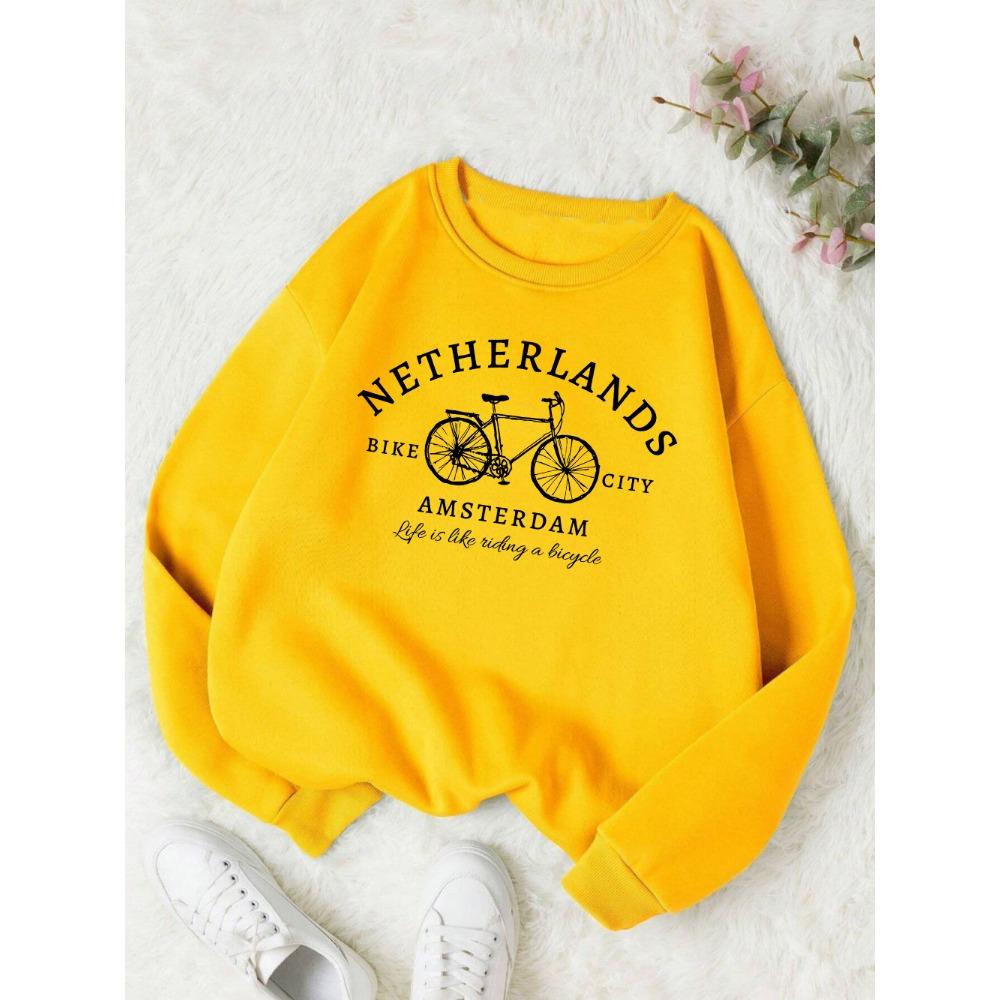Netherlands Amsterdam Bike Design Womens Pullovers Casual Sweatshirt Autumn Loose Clothes Crewneck All-Match Sportswears