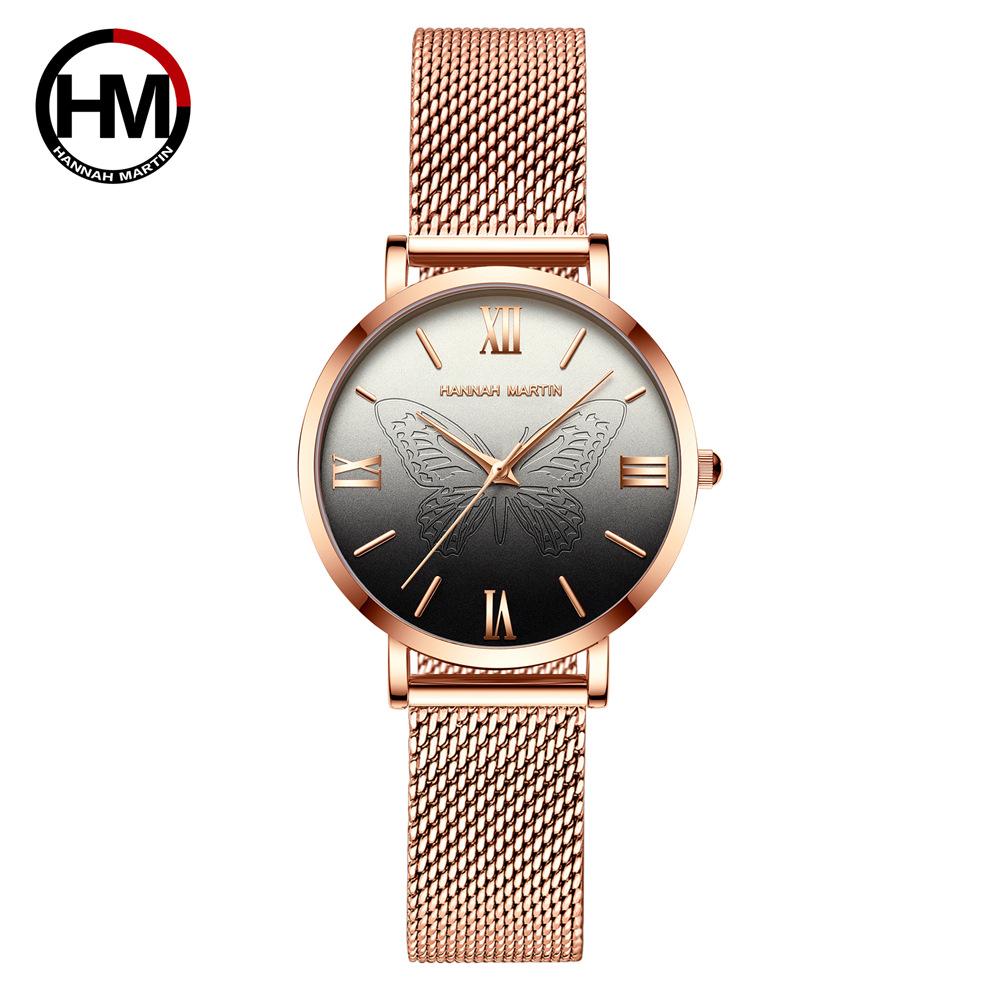 Hannah Martin Butterfly Design Women's Fashion Brand Watch Japanese Miyota Movement Stainless Steel Quartz Wristwatch