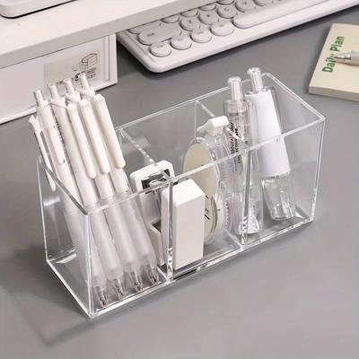 1pc Elegant Large Capacity Transparent Cosmetic Storage Box - Clear Makeup Organizer with 3 Compartments for Brushes, Lipsticks
