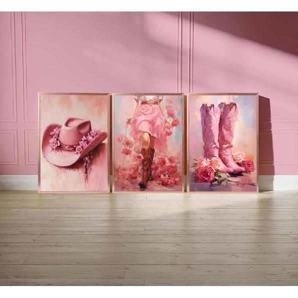 3pcs Pink Cowgirl Canvas Wall Art Funky Cowgirl Boots Posters Prints Paintings Western Flower Boots Hat Aesthetic Pictures Wall Decor for Preppy Room