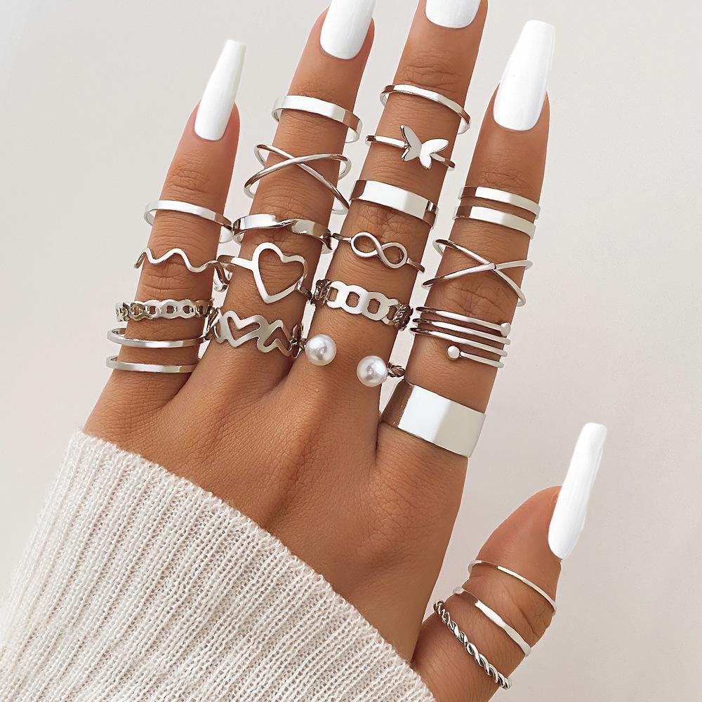 Open Multi-joint Ring Set for Women, Featuring a Unique Hollow Heart and Butterfly design22Set