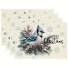 4pc Blue Jay Pinecone Merry Christmas Linen Placemats Nature Inspired Holiday Kitchen Dining Table Decor