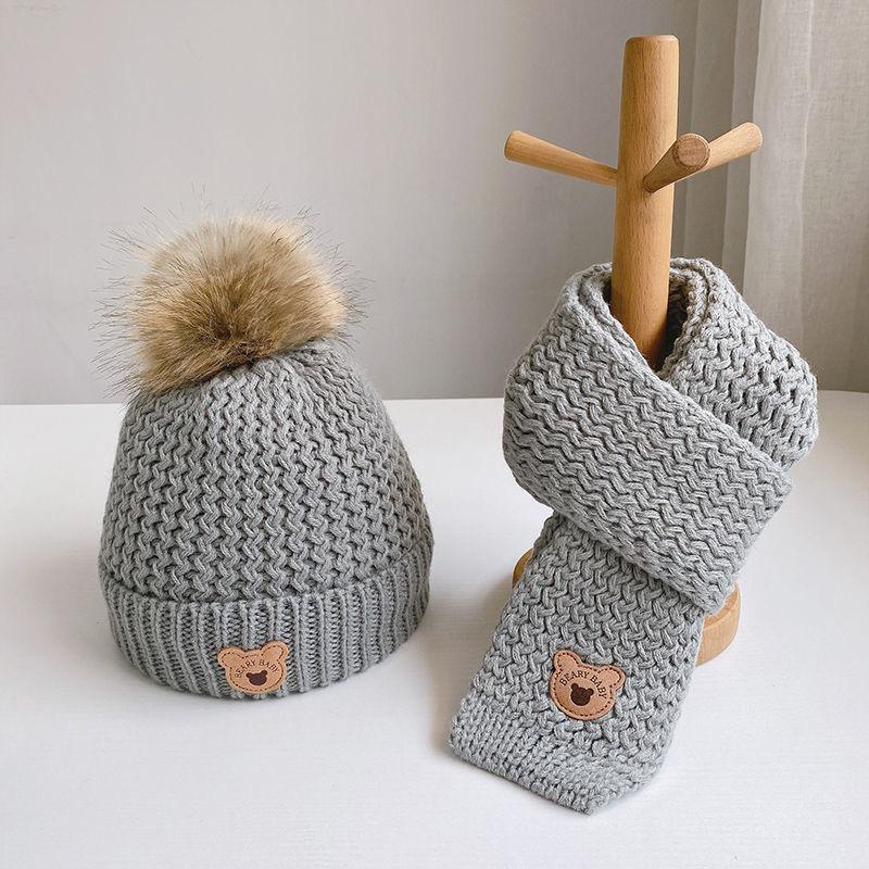 Autumn and Winter Children's Hats, Scarves and Gloves Three-piece Set, Winter Thermal Plush Men's and Women's Children's Bear Wool Hats