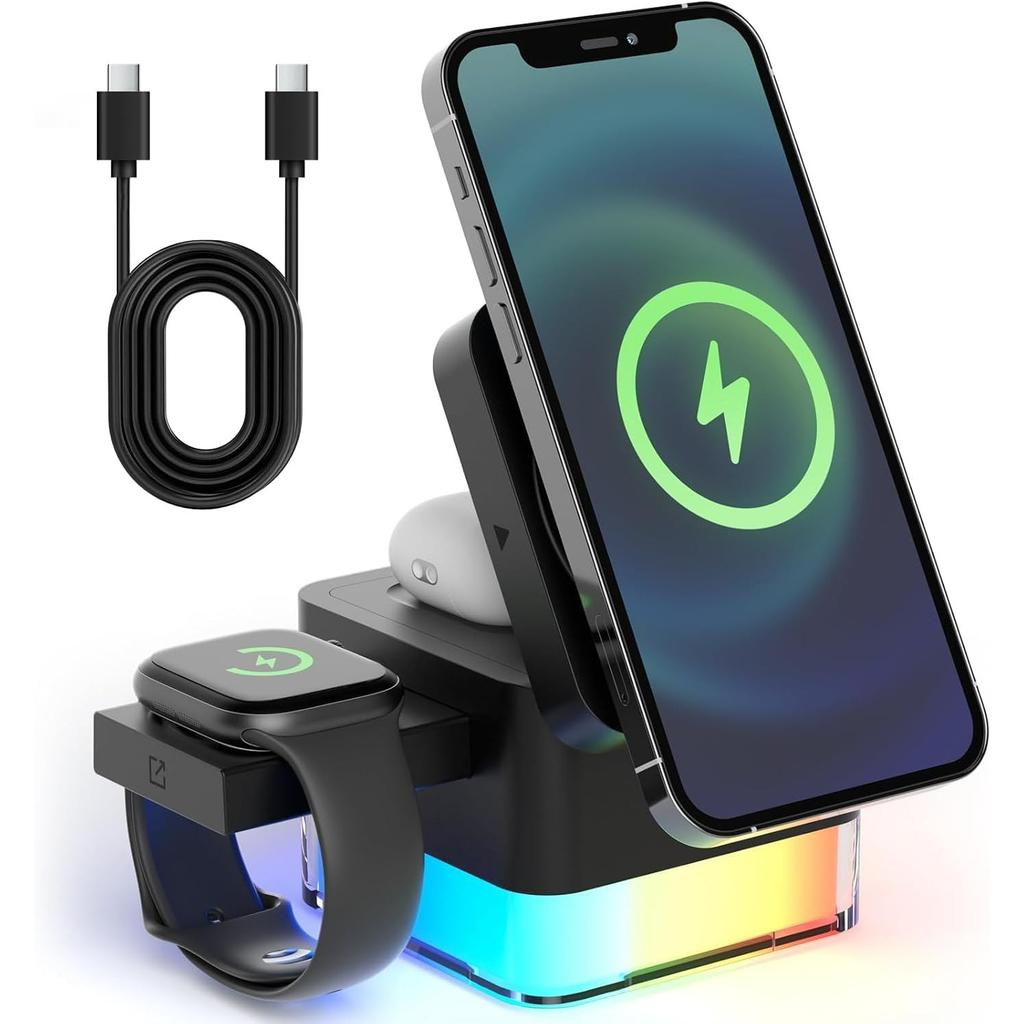 Magnetic Wireless Charger 15W Foldable Fast Charger Stand with Night Light for iPhone 17/16 Apple Watch Ultra/SE/9/8/7AirPods 3/2/Pro 2