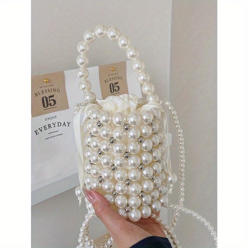 Mini Faux Pearl and Rhinestone Decor Fashion Casual Bucket Bag, Elegant Pearl Bag
