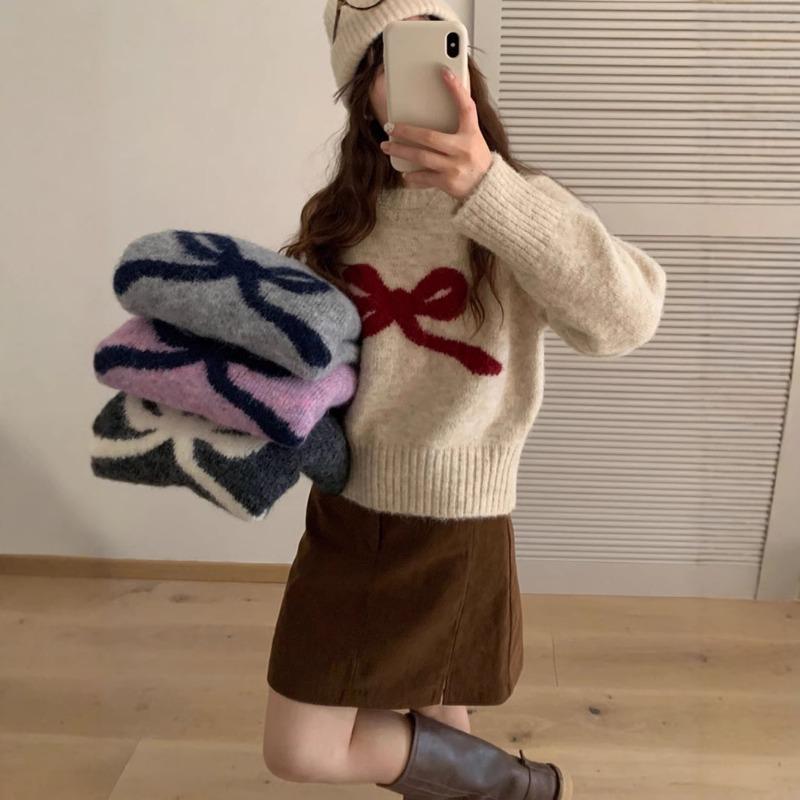 Winter new women's clothing high-end bow sweater women's loose and lazy round neck long-sleeved knitted sweater top coat