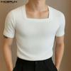 Summer Men Square Collar Short Sleeve Rib Casual Fitted T-shirts Tops