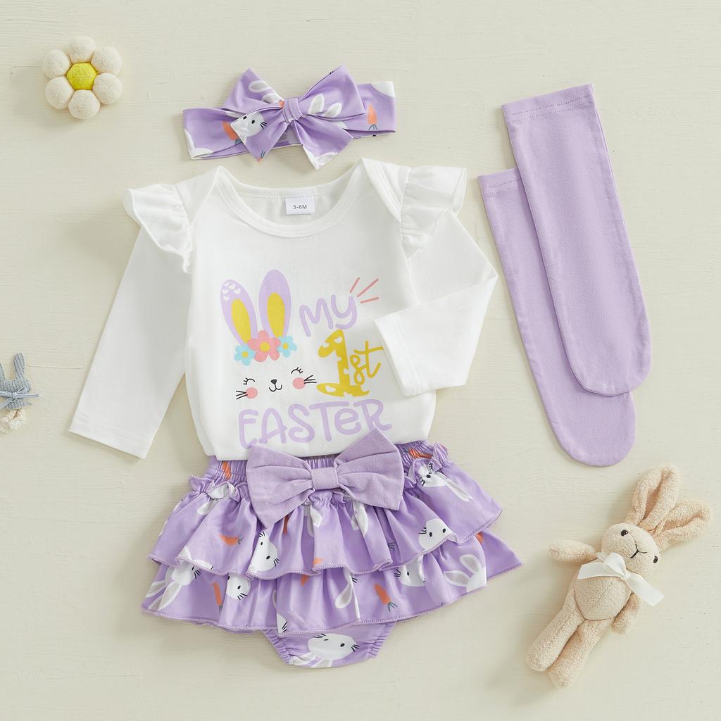 Baby Mädchen Oster-Outfit Hase Langarm Strampler Schleife Lagenrüschen Shorts zum Binden Stirnband Socken Frühlingskleidung