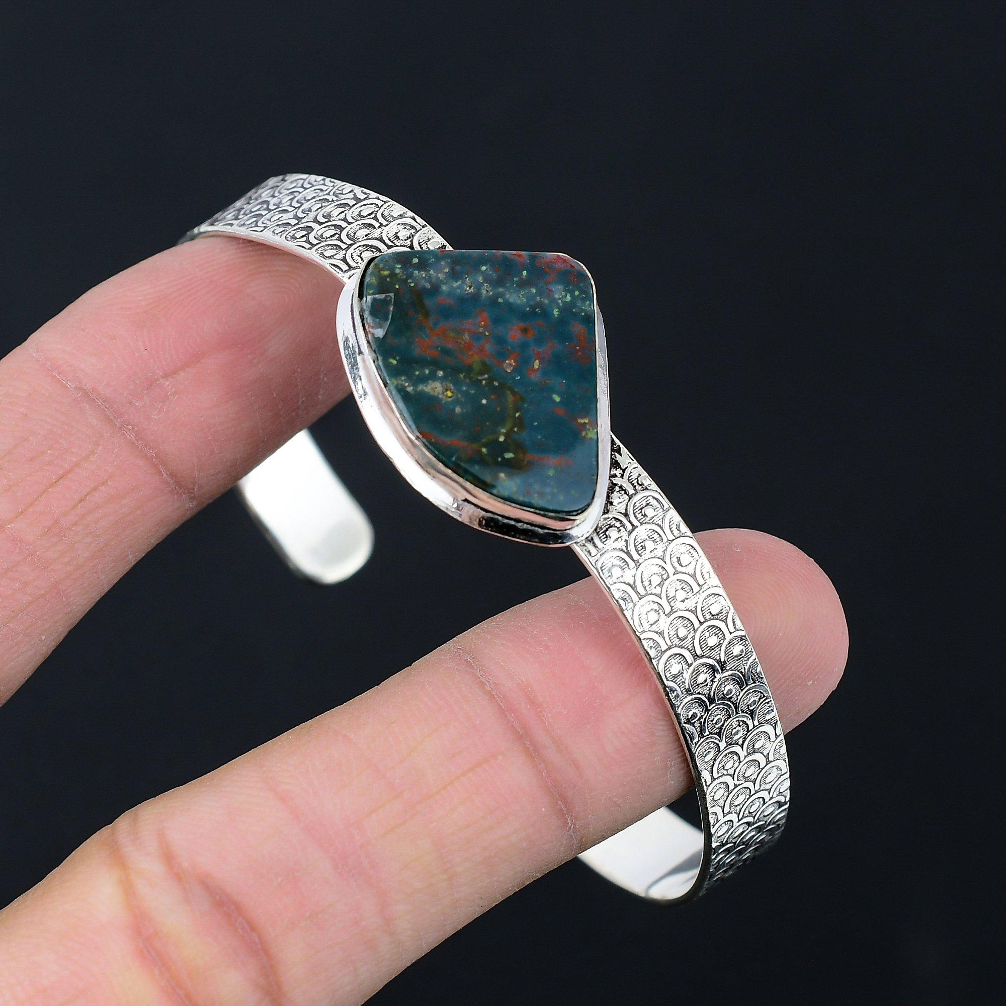 

925 Silver March Birth Trillion Bloodstone Stone Handcrafted Artisan Boho Bangle Adjustable