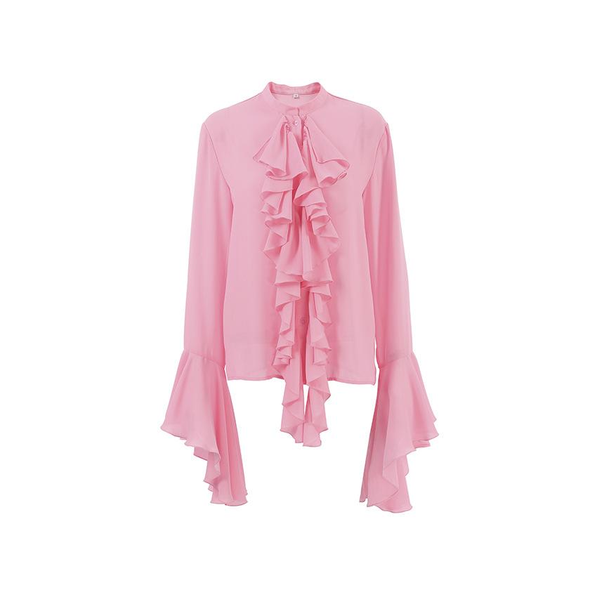 1116 spring and summer new court style chiffon top women's commuting versatile temperament ruffle leaf edge stand-up collar horn sleeve shirt