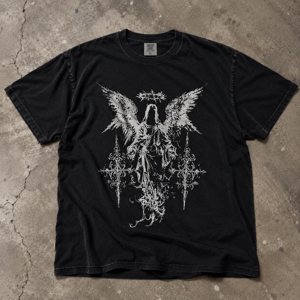 Gothic Angel Illustration T-Shirt | Black Metal Occult Design