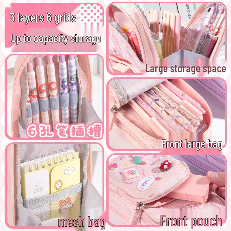 Cute 3-Layer Large Capacity Backpack Pencil Case for Primary School Girls - Multifunctional and Portable Stationery Bag
