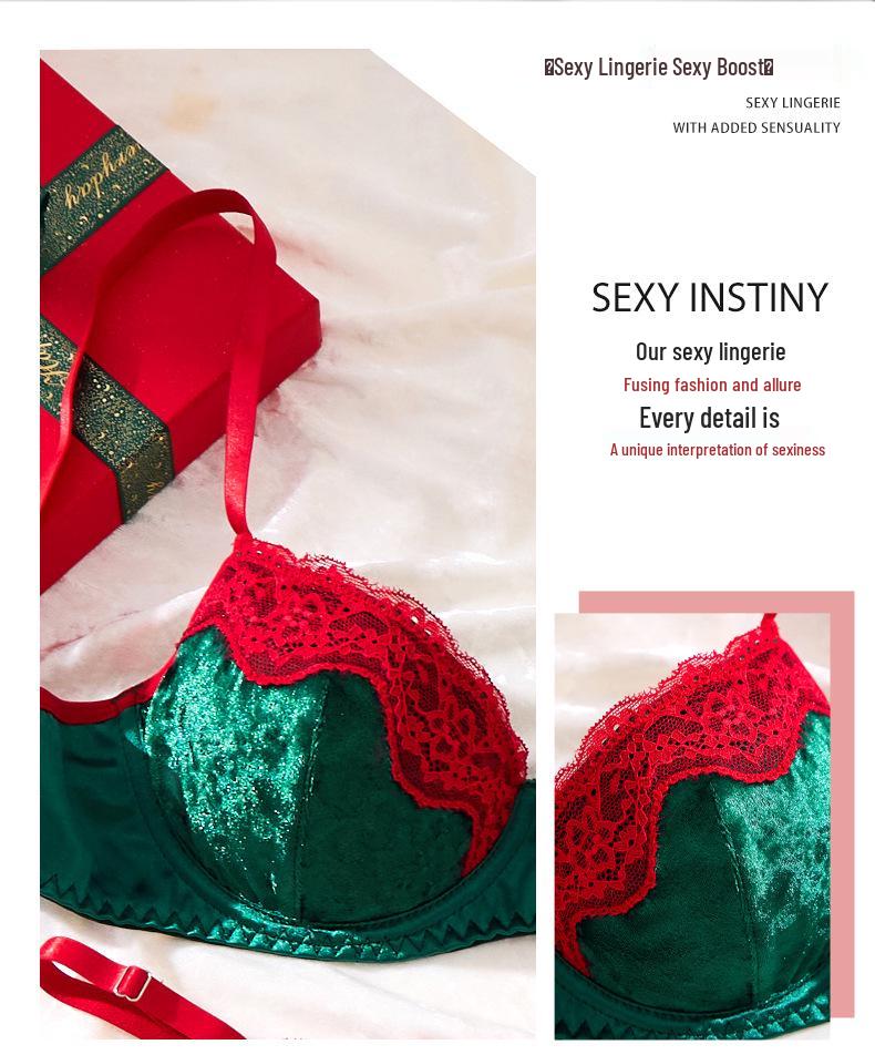 Festliches Spitze Grün & Rot Dessous-Set: BH & String für Damen