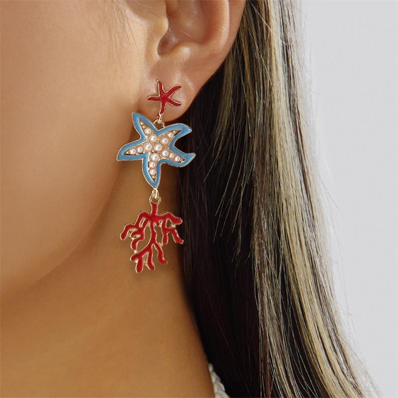 Elegante Seestern Korallen Ohrstecker für Damen Sommer Ozean Stil Blaue Emaille Zweig Hängeohrringe Strandurlaub Schmuck Geschenk