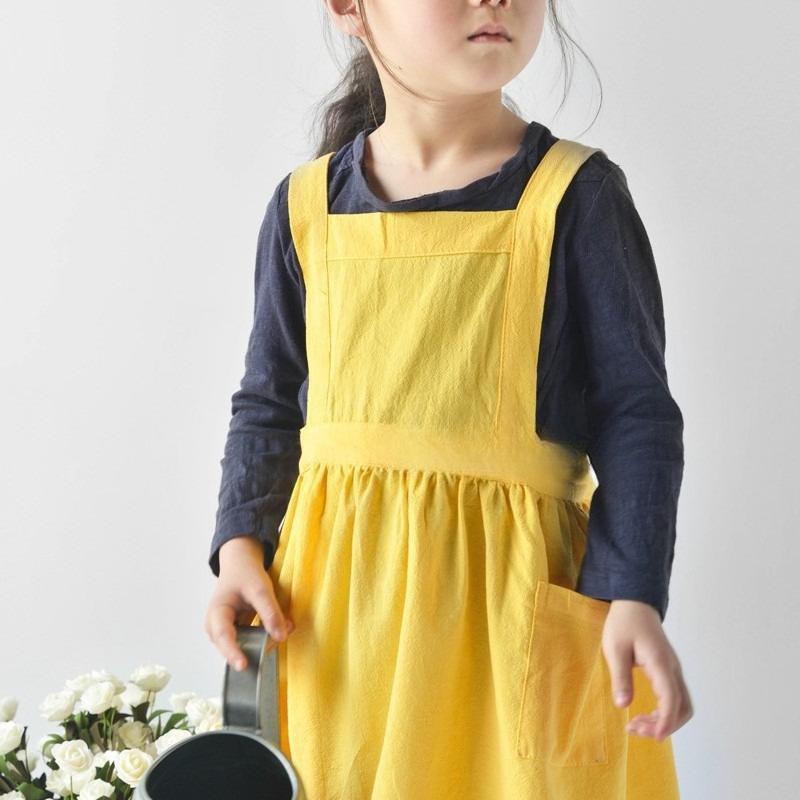 

Children s All-cotton Waterproof Printed Adjustable Extended Apron Kitchen Cotton and Linen Waist Pocket Home Daily Necessities S жовтий