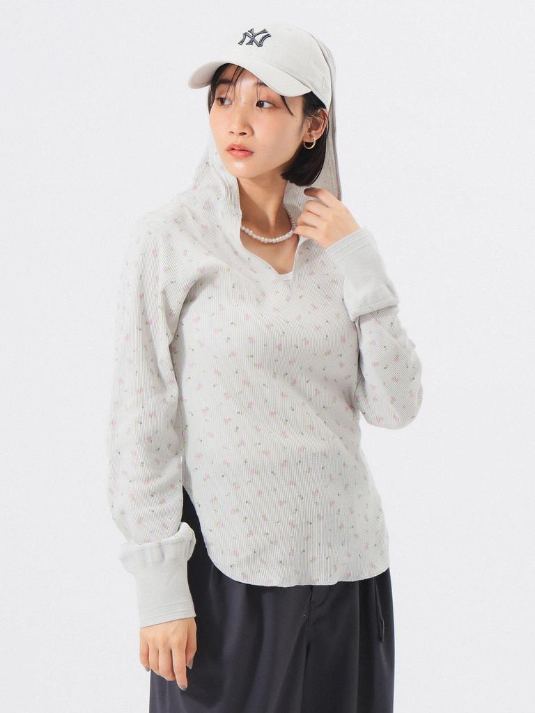 Beams Boy Women's L/S Tee Floral Thermal Hoodie, LT.GREY, One Size