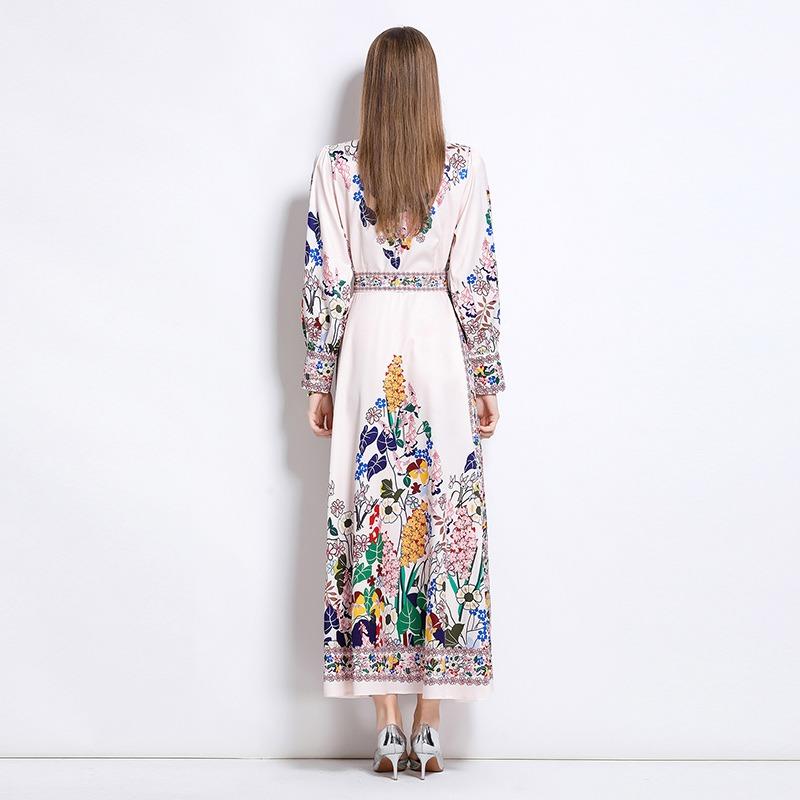 Spring Autumn Women Vintage Exquisite Print Runway Dresses Turn-down Collar Single Breasted Long Maxi Shirt Party Dress for Graduation