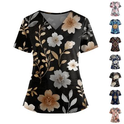 Ladies' Fashionable Floral Print V-neck Double Pocket Short Sleeved Shirt With Slit Hem And Protective Worker's Top